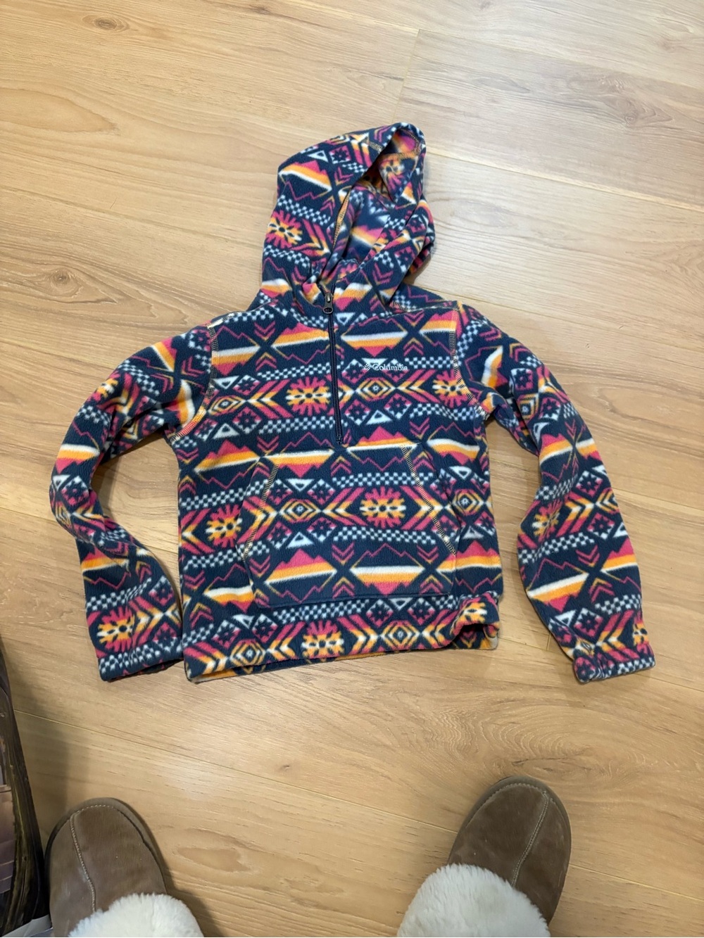 Columbia Kids Hooded Fleece with Colorful Aztec Pattern - Navy, Pink, Yellow